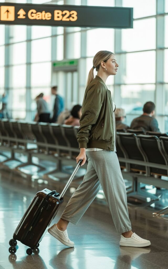 Olive green bomber jacket over light grey lounge pants and slip-on sneakers. The model is pulling a carry-on suitcase across an airport terminal. Bright indoor daylight filters through wide glass windows. Hair tied into a sleek ponytail, expression focused yet casual.