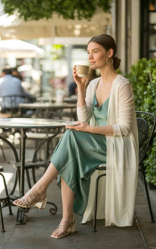 Outdoor coffee shop patio, soft daylight. She wears a silky emerald slip dress with a cream longline cardigan and strappy sandals. Hair is styled in effortless waves, minimal accessories. She’s seated on a café chair, crossing her legs, sipping a latte.