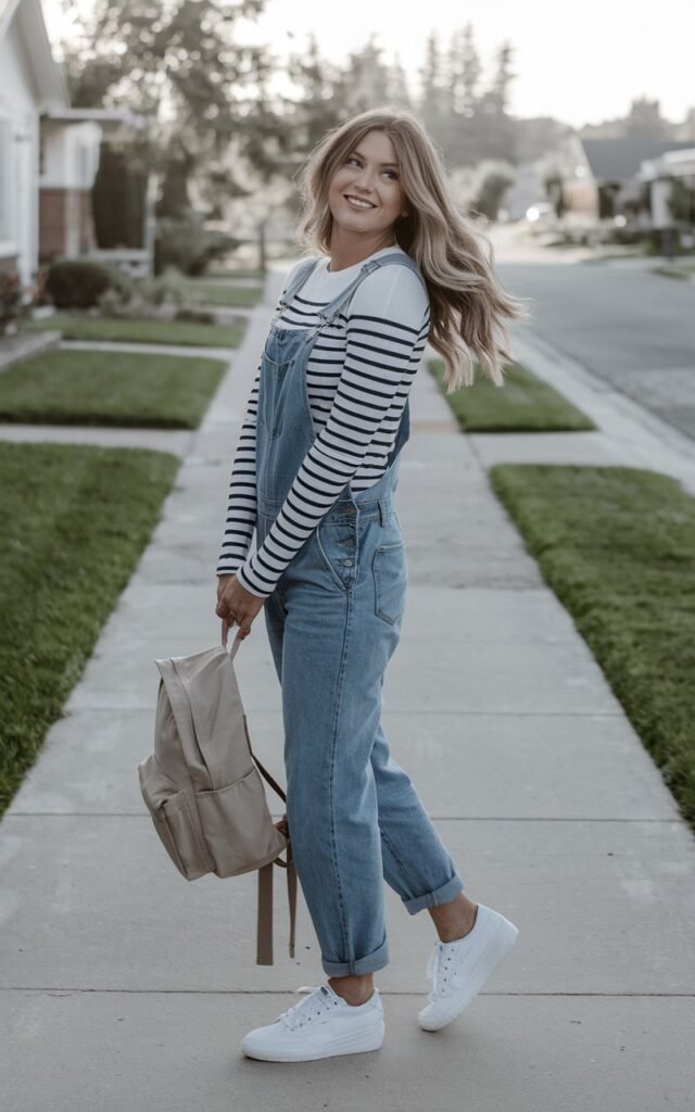 Outdoor full-body shot on a quiet suburban sidewalk with soft morning light. The model wears a white and navy striped long-sleeve shirt under denim overalls, paired with pristine white sneakers. Her hair is in loose beach waves, and she carries a canvas backpack. Her stance is playful, with one foot tapping forward, eyes sparkling as she smiles at the camera.