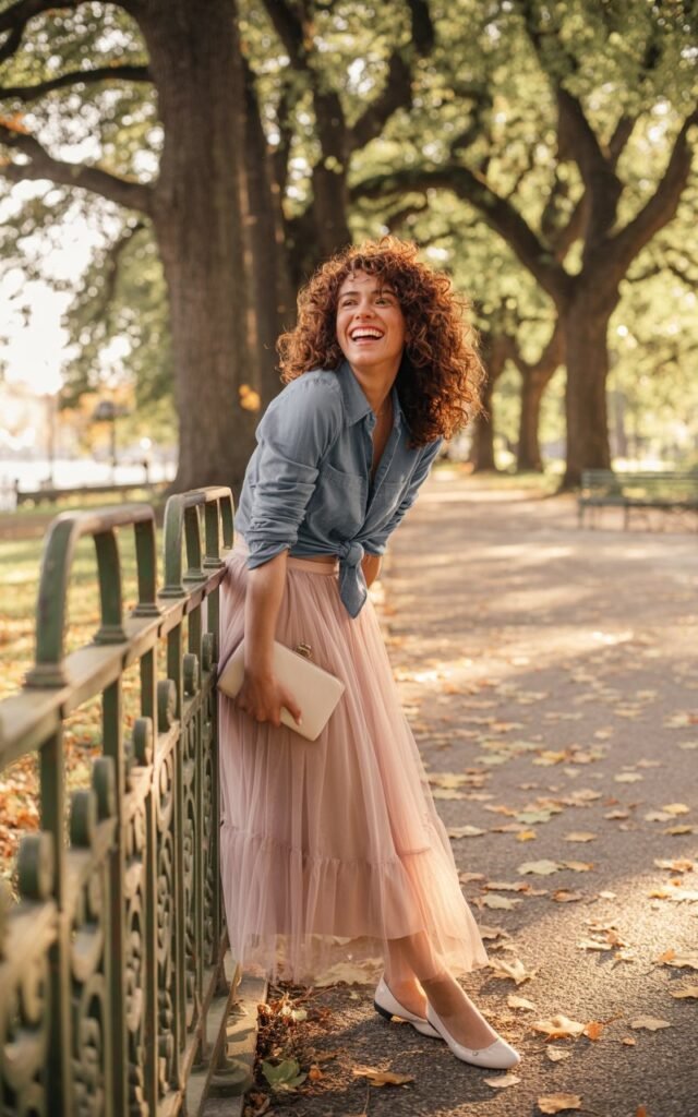 Outdoor park photo in soft golden hour light. A petite brunette with curly hair wears a blush-pink tulle maxi skirt with a tied chambray denim shirt, ballet flats, and a small clutch. She’s leaning against a railing, laughing candidly. The textures feel whimsical yet grounded.