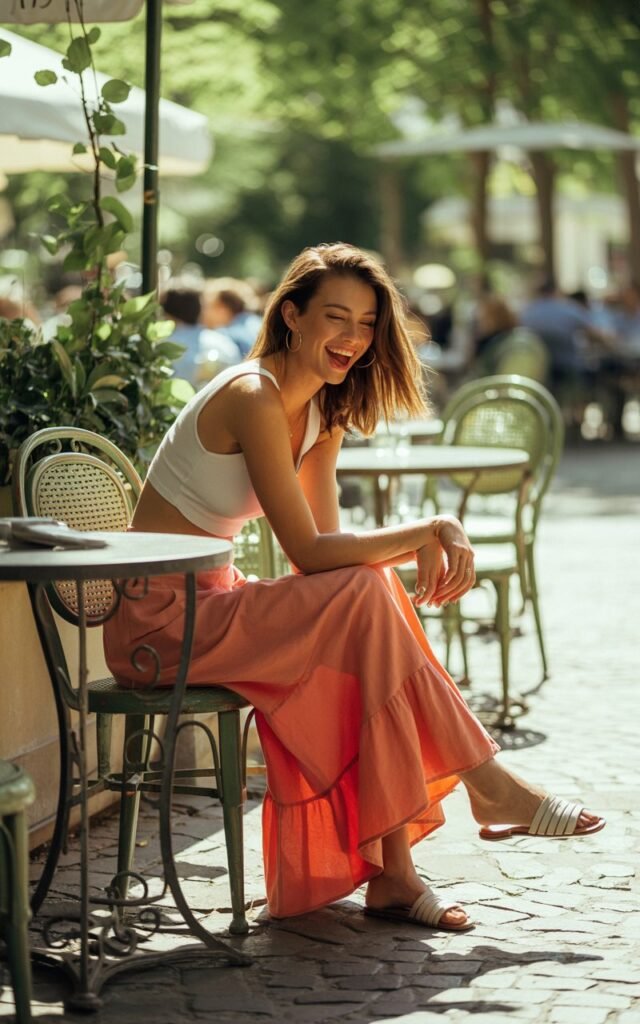 Outdoor summer café setting. A slim model with tousled hair wears a coral ruffled maxi skirt and a plain white crop top, styled with hoop earrings and flat sandals. She’s sitting sideways on a café chair, laughing mid-conversation, sunlight filtering through leaves.