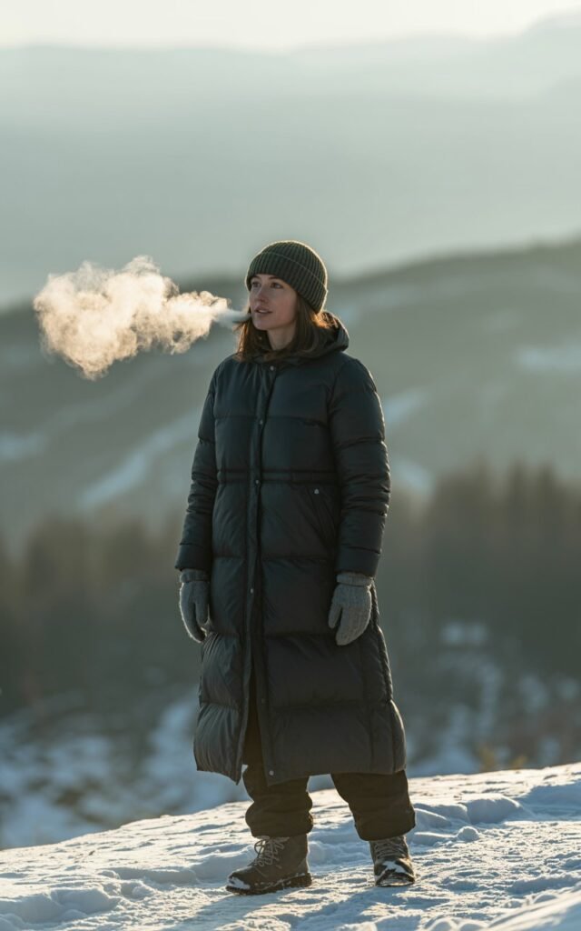 Outdoor winter trail. Model in a long black puffer coat, chunky knit beanie, gloves, and snow boots. Soft cloudy light, snow-covered trees in background. Hair tucked under beanie. Pose standing confidently, exhaling frosty breath.