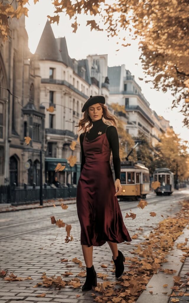 Parisian street in autumn. Model wears a fitted black turtleneck under a satin burgundy midi dress, with black ankle boots and a beret. Hair in loose waves. She strolls casually under falling leaves, soft golden daylight filtering through trees.