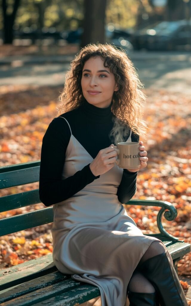Park bench with autumn leaves around, soft daylight. She wears a black fitted turtleneck under a satin slip dress, paired with knee-high boots. Hair loose with soft waves. She’s seated casually, holding a hot coffee cup, smiling softly.