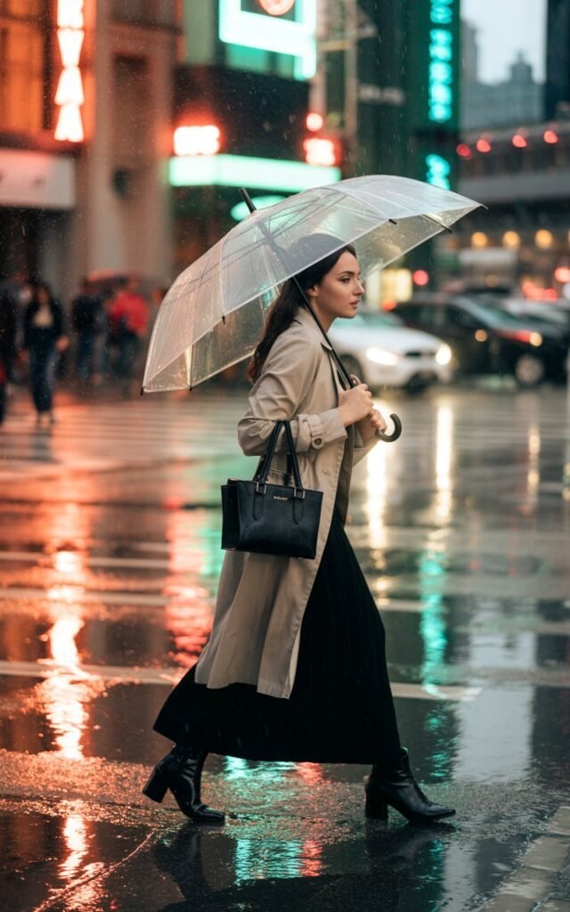 Rainy-day street photo. A pale-skinned brunette wears a beige trench coat layered over a black maxi skirt with ankle boots and a structured handbag. She’s holding a transparent umbrella, walking confidently across the street. The wet pavement reflects city lights for cinematic vibes.