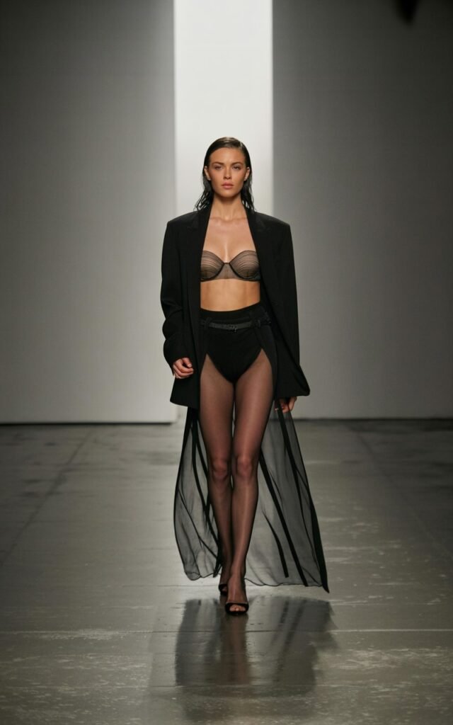 Runway-style editorial indoors with spotlight lighting. A white-skinned model with wet-look hair wears a sheer black overlay skirt over high-waist shorts, paired with a structured statement bralette and blazer draped over shoulders. She stands confidently mid-walk, gaze straight ahead.