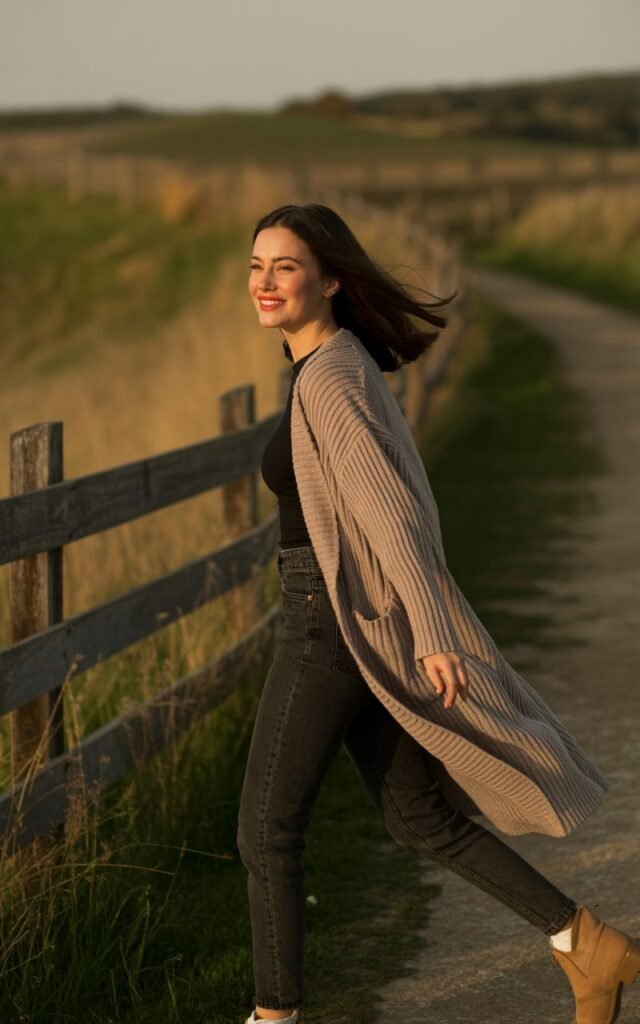 Rustic countryside path. Model in a floor-length knit duster cardigan over a fitted top and jeans, paired with suede booties. Golden hour sunset glow. Hair flowing freely in the breeze. Pose walking away but glancing back with a warm smile.
