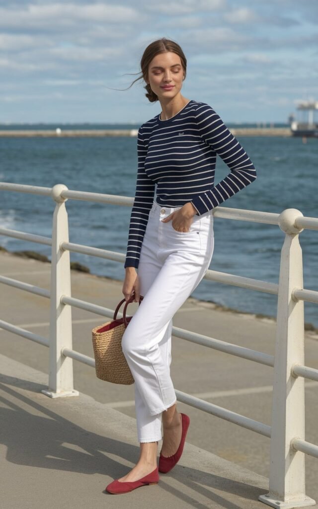Seaside boardwalk. Model in a navy Breton stripe top with crisp white jeans, red flats, and a small woven tote. Hair in a low bun, natural makeup. Breezy daylight. She leans against the railing, soft smile, relaxed vacation mood.