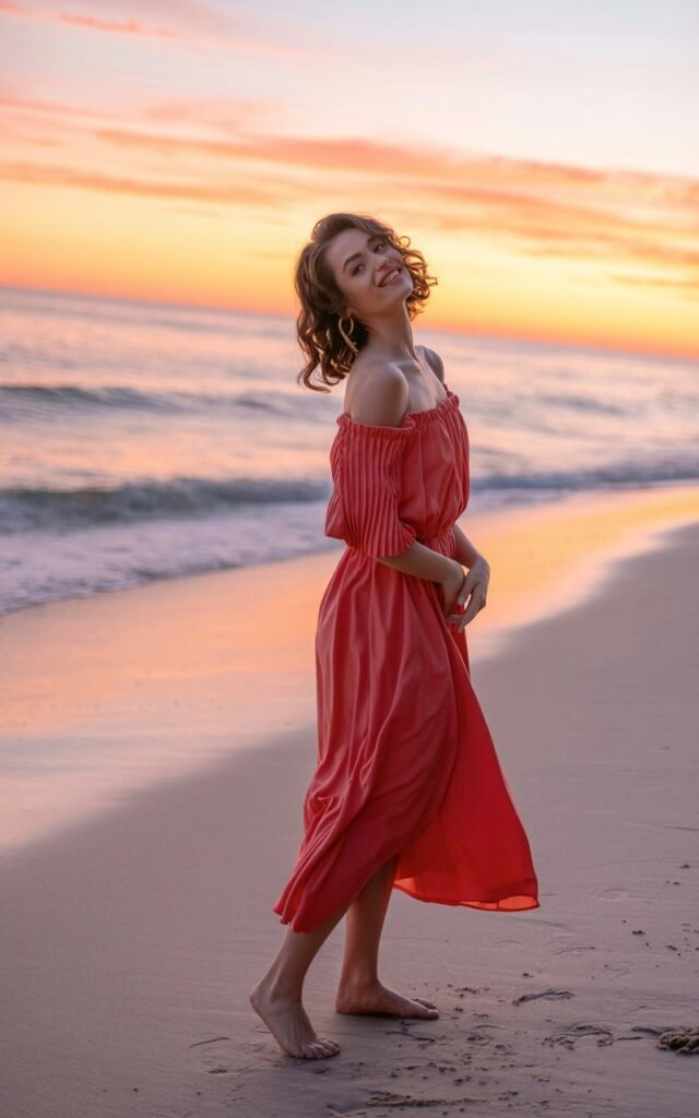 Set against a serene beach at sunset, the model wears a coral off-the-shoulder dress with ruched details along the sleeves and neckline. Her hair is tousled in loose waves, and she’s barefoot in the sand. The warm golden light caresses her skin, giving her a radiant glow. She leans back slightly, smiling softly, exuding playful elegance without overthinking. No jewelry is visible, allowing the fabric to shine.