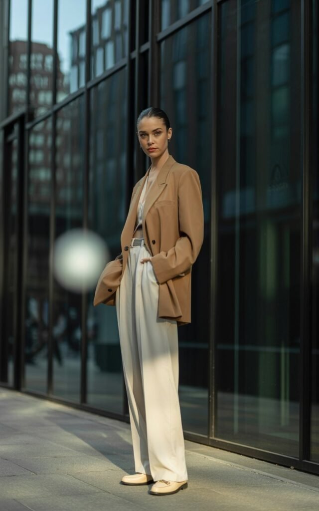Sharp-featured model with slicked-back hair in a camel oversized blazer, cream wide-leg trousers, and loafers. Shot outside a glass office building, crisp morning light. She stands tall with hands in pockets, projecting confidence.