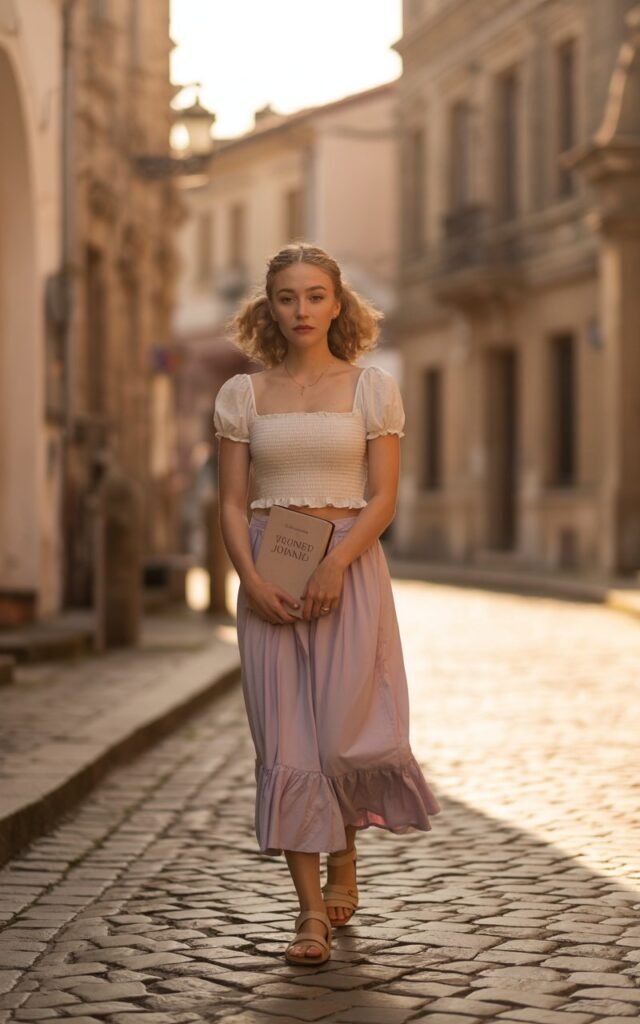 Shot in a cobblestone street in a historic town at sunset. Model wears a smocked white crop top with a pastel ruffled skirt and tan sandals. Hair styled in half-up soft curls. She walks toward the camera with a dreamy expression.