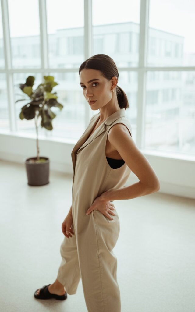 Shot in a minimalist loft space with floor-to-ceiling windows. Model wears a beige sleeveless cotton jumpsuit with black slide sandals. Hair in a sleek low ponytail. Natural window light highlighting fabric texture. She stands tall with one hand on her hip, confident and chic.