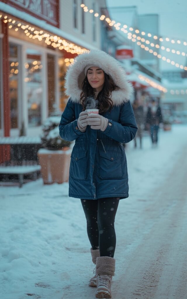 Snowy street with cozy storefronts. Model wears a navy parka with fur-trimmed hood, fleece-lined black leggings, and winter boots. Soft diffused light from snow reflection. Hair peeking from under a knit beanie. Pose mid-walk, holding a cup of hot cocoa.