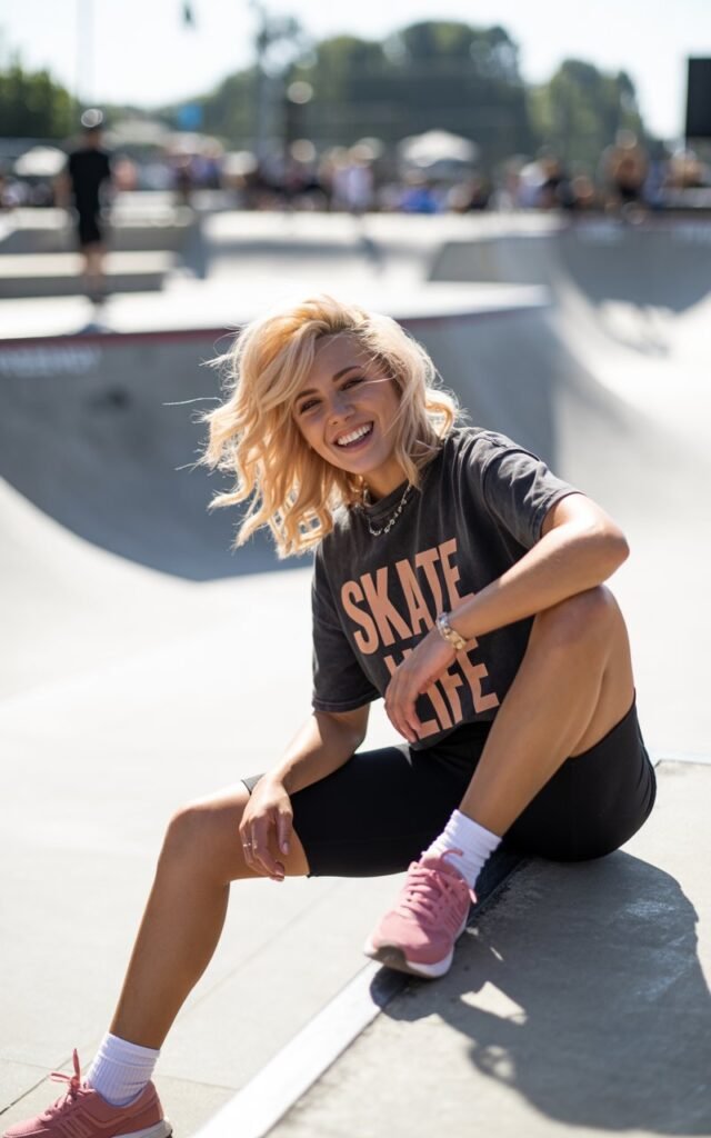 Sporty blonde with tousled waves, biker shorts, oversized graphic tee, and running sneakers. Shot in a bright skatepark, midday light. She’s sitting casually on concrete steps, playful grin.