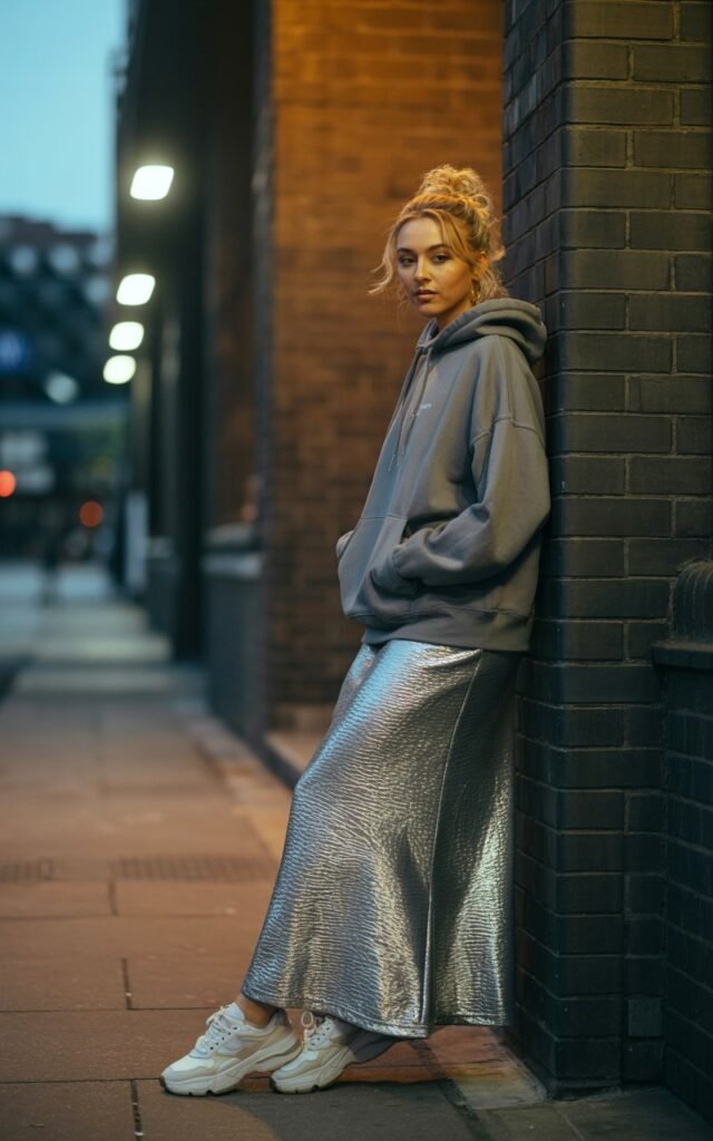 Street corner photo at dusk. A white-skinned blonde wears a shiny silver metallic maxi skirt paired with a grey oversized hoodie and chunky sneakers. Hair is in a messy bun, makeup minimal. She’s standing casually with hands in hoodie pocket, looking candid.