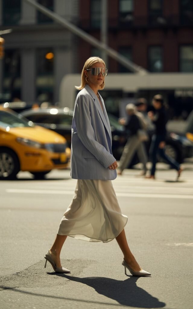 Street style shot in an urban setting. A tall blonde model wears a light gray oversized blazer over a flowing white maxi skirt, paired with pointed heels and oversized sunglasses. She’s walking across the street, candidly caught mid-step. The lighting is natural midday city sunlight.