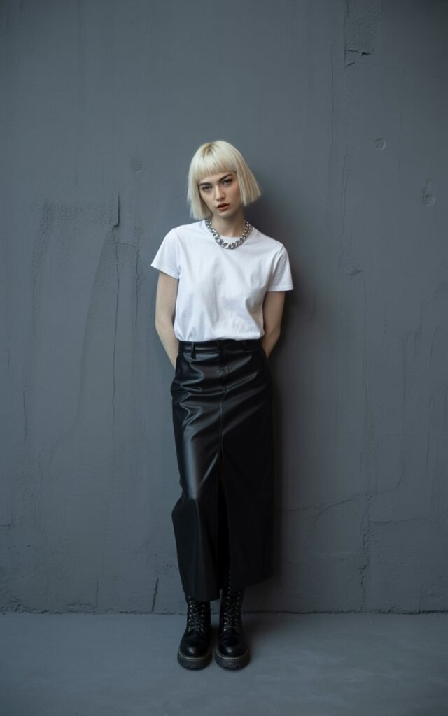 Studio editorial of a pale-skinned model with platinum blonde bob, standing against a textured grey wall. She’s wearing a black leather long skirt with a tucked white tee, chunky combat boots, and a chain necklace. Her expression is fierce, leaning slightly forward with hands in pockets. The lighting is stark and dramatic.