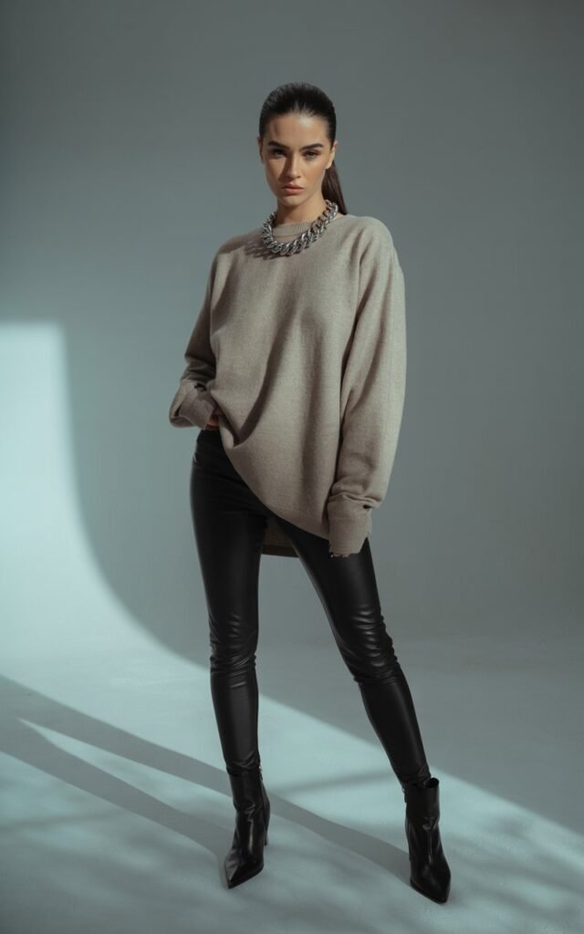 Studio full-body editorial with dramatic soft lighting. Model wears an oversized beige sweater half-tucked into black leather leggings. Black ankle boots and chunky chain necklace complete the look. Hair slicked back into ponytail. She stands tall, slightly leaning forward with a bold, edgy stare.
