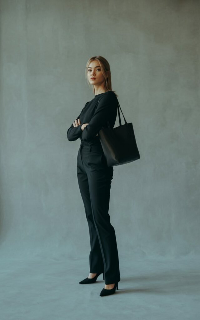 Studio full-body shot against a plain gray backdrop. Model wears an all-black outfit fitted long-sleeve top, sleek trousers, black heels. Accessories are minimal, just a leather tote. Hair styled in sharp straight look. Soft side-lighting emphasizes crisp lines as she stands strong with arms crossed.