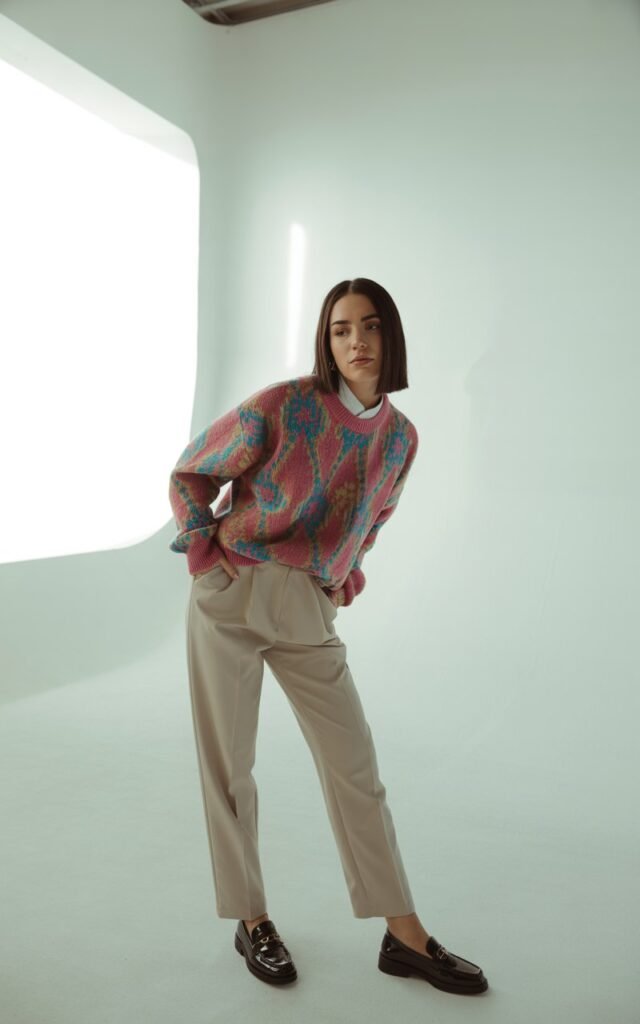 Studio scene with bright, clean background. Model wears a vibrant patterned oversized sweater with beige tailored pants and loafers. Soft indoor light. Hair styled sleek and straight. Pose standing playfully with one hand in pocket, smirking.