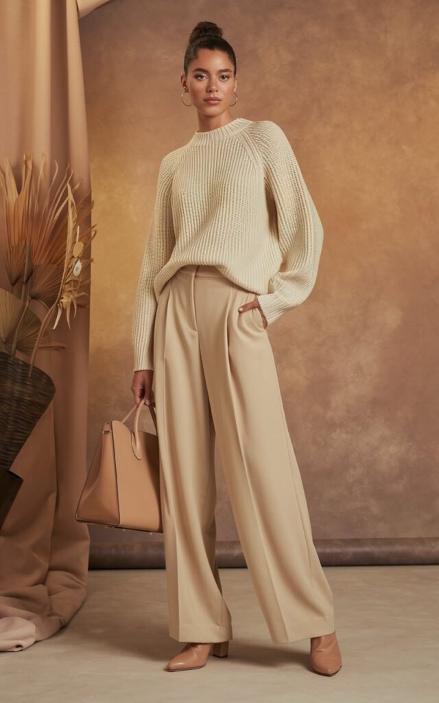 Studio shot with a warm beige backdrop. Model dressed in a cream knit sweater and matching wide-leg trousers, with nude mules and a beige structured tote. Hair in a polished bun. She stands tall with hands in pockets, expression calm and refined.