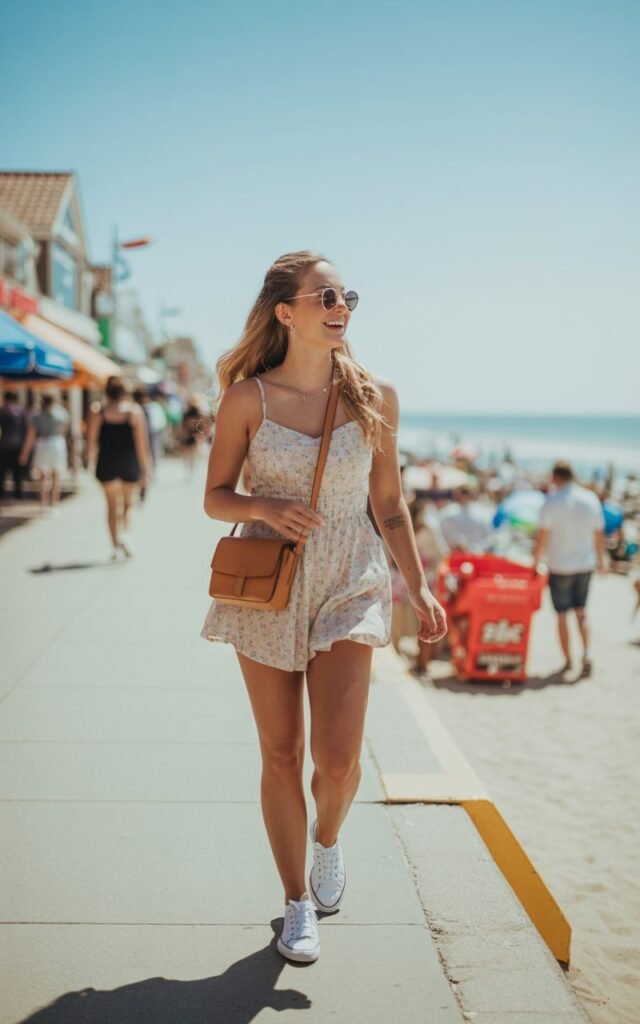 Sunny beach boardwalk, daylight. She wears a pastel floral romper with white sneakers and a crossbody bag. Hair styled in loose beach waves, sunglasses perched. She’s mid-walk, smiling brightly, looking off to the side.