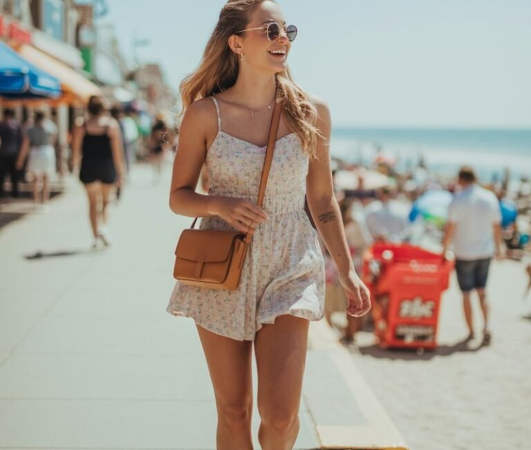 Sunny beach boardwalk, daylight. She wears a pastel floral romper with white sneakers and a crossbody bag. Hair styled in loose beach waves, sunglasses perched. She’s mid-walk, smiling brightly, looking off to the side.