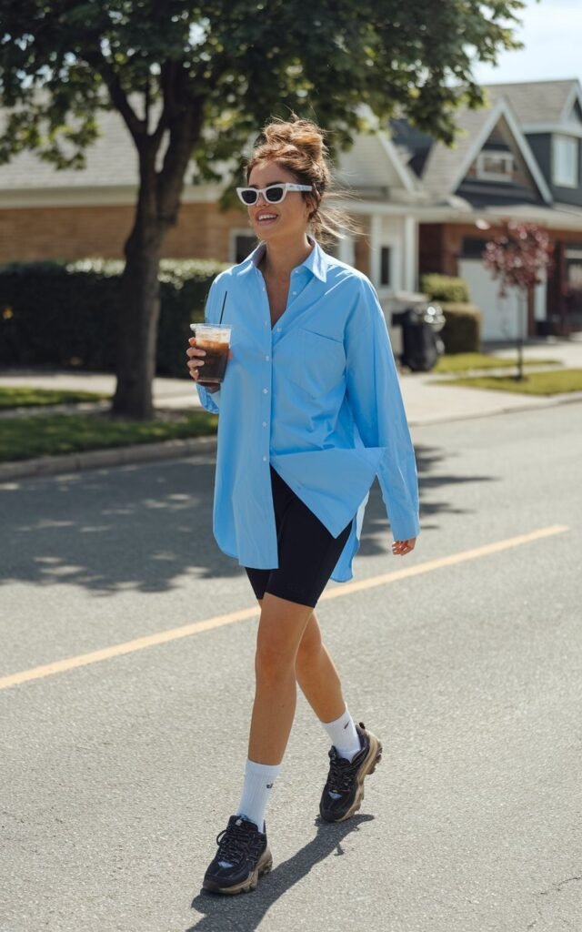Sunny suburban street. Model in a crisp oversized blue shirt half-tucked over black biker shorts, chunky sneakers, and sporty sunglasses. Hair pulled into a messy bun. Natural daylight. She walks casually, sipping iced coffee, playful grin.