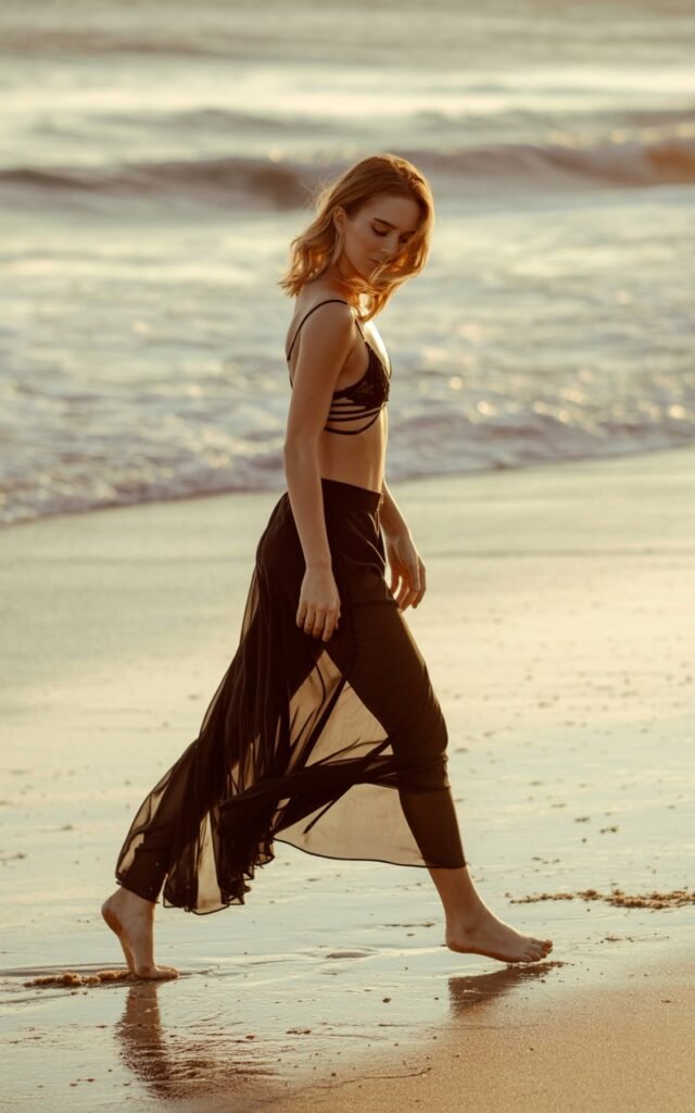 Taken at a sandy beach at golden hour. Model wears a black sheer chiffon maxi skirt with a strappy black bralette underneath, barefoot in the sand. She walks along the waterline, wind lifting the skirt slightly. Loose boho waves, bronzed makeup, serene expression. The vibe feels dreamy yet bold.