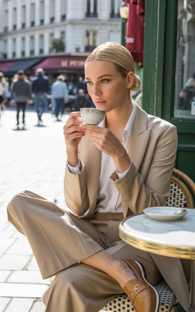 Tall blonde model with sharp cheekbones and straight hair in a low bun, wearing beige wide-leg trousers, crisp white tucked-in button-up, and tan loafers. Captured outdoors in a city street café scene, natural daylight with soft shadows. She’s seated at a bistro table sipping coffee, legs crossed, posture relaxed, looking away with an elegant, candid expression.