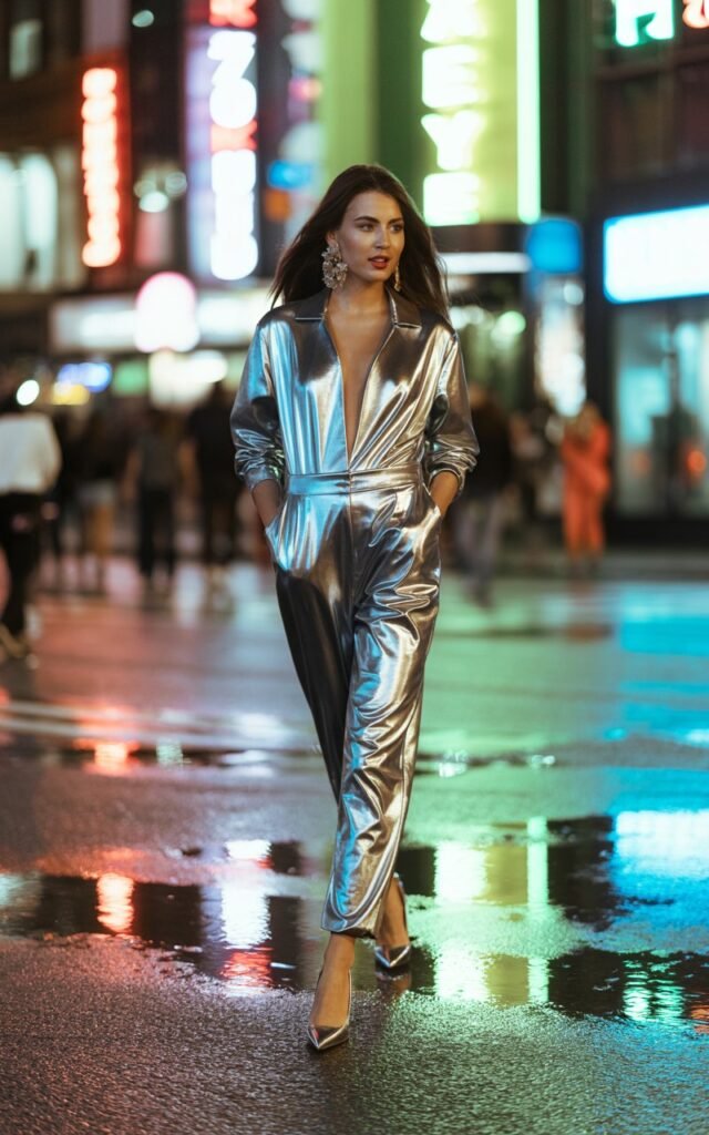 Tall brunette model in a chrome silver metallic jumpsuit with plunging neckline, oversized statement earrings, and pointed heels. Outdoor city street at night, neon lights reflecting on the pavement. She’s walking forward confidently, looking over her shoulder with a playful smirk.