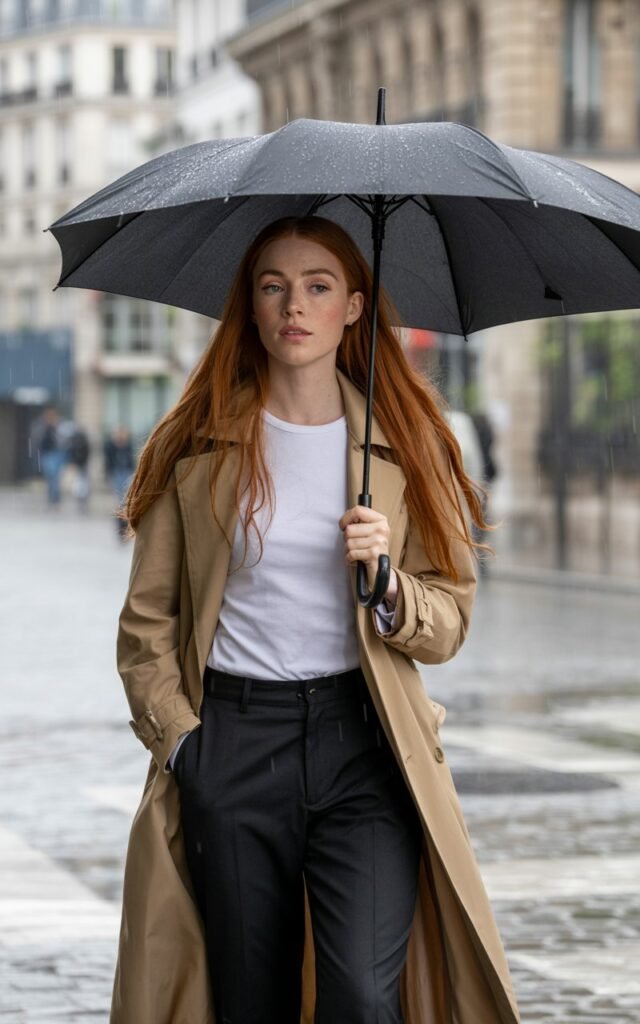 Tall redhead with straight hair, in a beige trench coat layered over white tee and black trousers. Shot in a rainy Parisian street, soft cloudy daylight. She’s walking with umbrella, elegant posture.