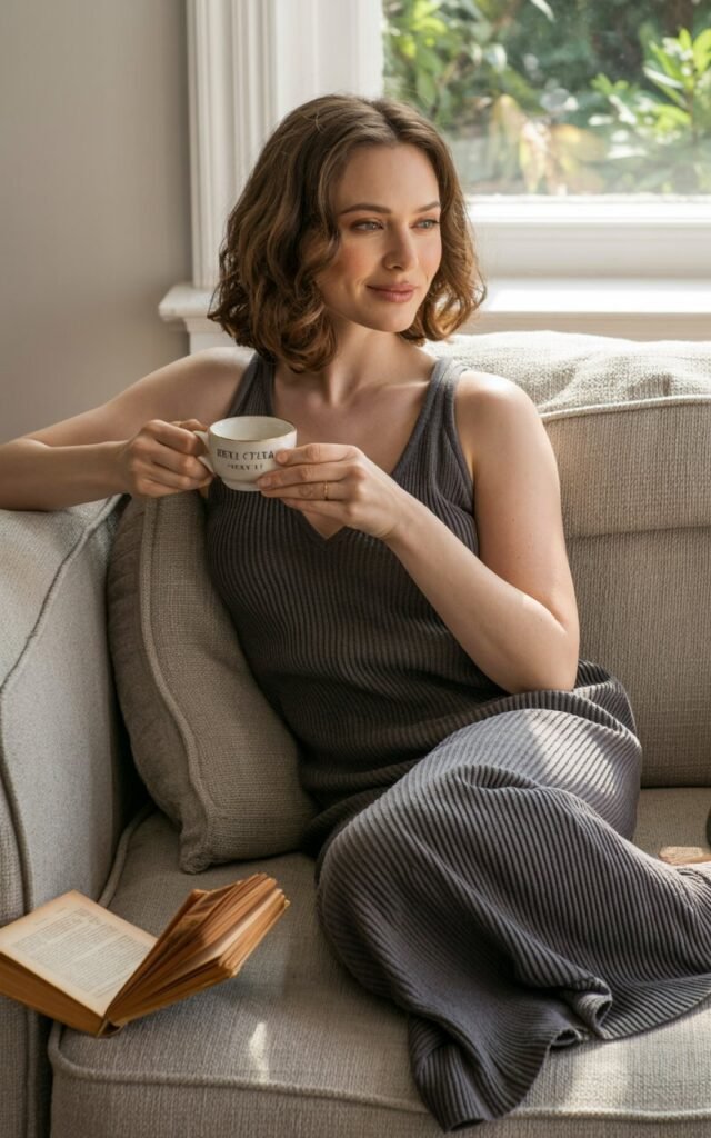 The model lounges against a soft linen couch in a cozy indoor living space. She wears a charcoal ribbed knit dress that fits snugly but feels comfortable. Her shoulder-length hair is styled in natural waves, and she wears soft, warm-toned makeup. The soft window light highlights the texture of the fabric and her skin. She sits cross-legged with a relaxed smile, exuding casual chicness.