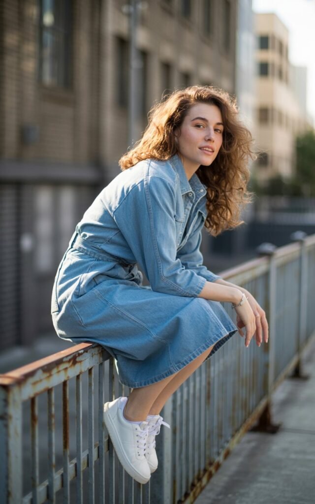 The model poses on a city sidewalk near industrial buildings wearing a blue denim dress with prominent stitching details along the seams. Her hair is loose and wavy, catching the soft afternoon light. She pairs the look with white sneakers and no jewelry. Her stance is casual, leaning lightly against a railing with a slight smile. The texture of the denim and stitching contrasts beautifully with the soft lighting.