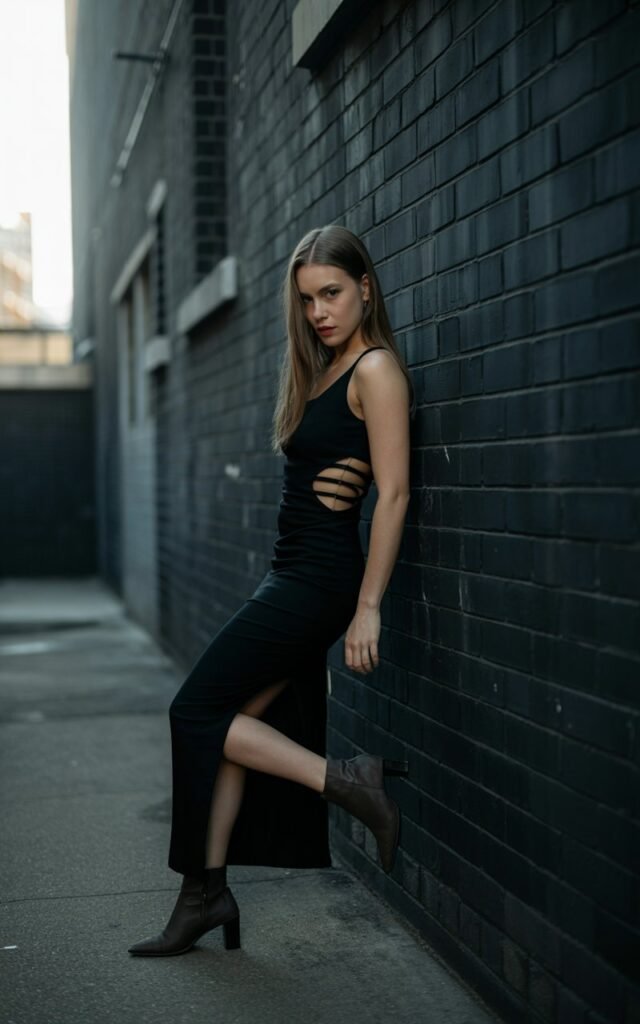 The model stands against a dark brick wall in an urban alley. She wears a black bodycon dress with small, strategically placed cut-outs along the sides. Her hair is styled in sleek, straight strands that fall past her shoulders. The soft evening light contrasts with the edgy outfit. She pairs it with ankle boots and no jewelry. Her pose is confident and bold, with a smirk and intense gaze.