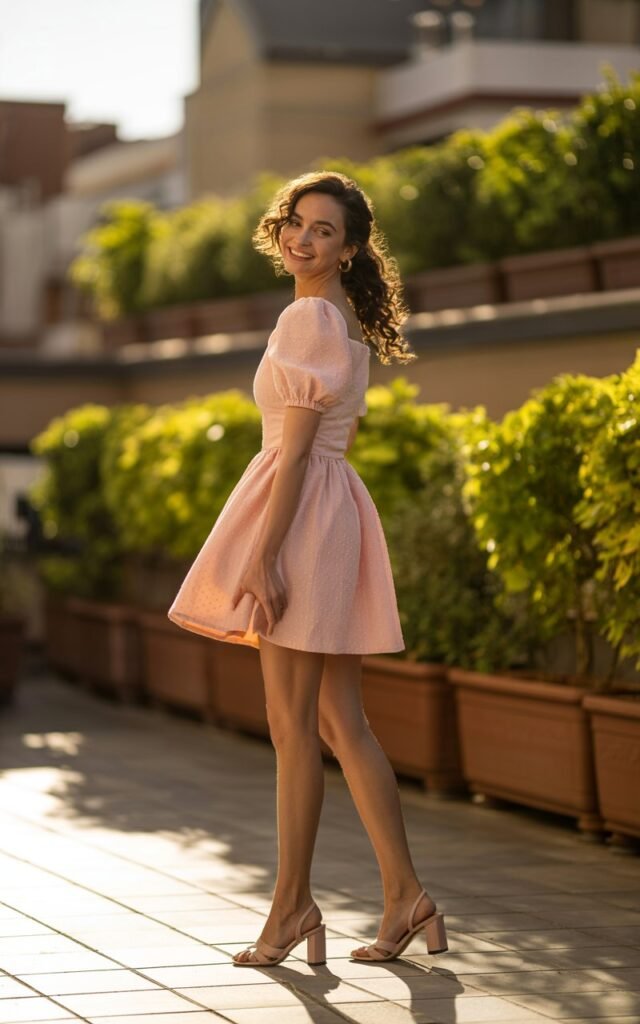 The model stands on a rooftop garden at golden hour wearing a pastel pink puff-sleeve dress with a fitted waist and flared skirt. Her hair is styled in loose curls cascading over one shoulder. The warm sunlight enhances her skin tone and adds a soft glow. She wears block heels and no other accessories. Her pose is playful, one hand holding her skirt slightly as she looks back with a bright smile.