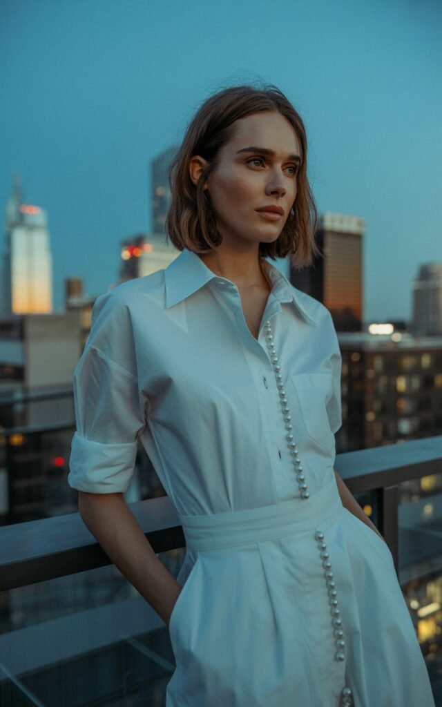 The model stands tall on a modern rooftop terrace, dressed in a crisp white shirt dress with oversized buttons and rolled-up sleeves. Her shoulder-length hair flows naturally in the breeze. Golden hour light warms her skin, giving a healthy glow. She wears simple white sneakers and no jewelry, keeping the look clean and approachable. Her posture is confident, with hands in pockets, gazing off-camera thoughtfully.