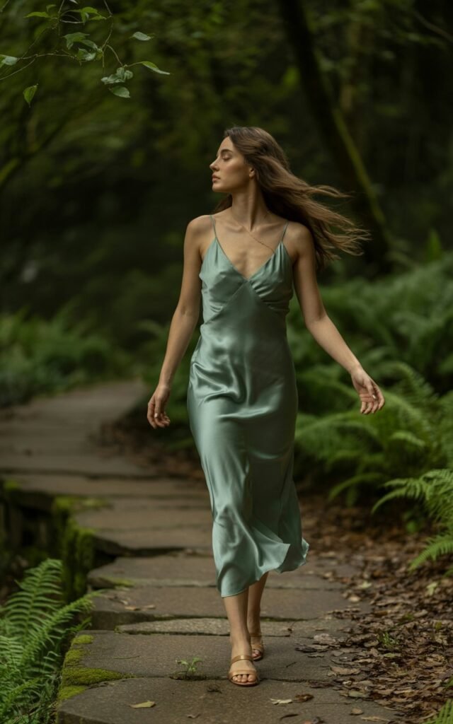 The model walks through a forest path wearing a silky bias-cut dress in soft teal that moves gracefully with each step. Her hair is long and windswept, flowing naturally behind her. Soft natural light filters through the trees, creating dappled shadows across her face and dress. She wears simple sandals and no accessories, emphasizing movement. Her expression is serene and introspective, eyes gazing toward the horizon.