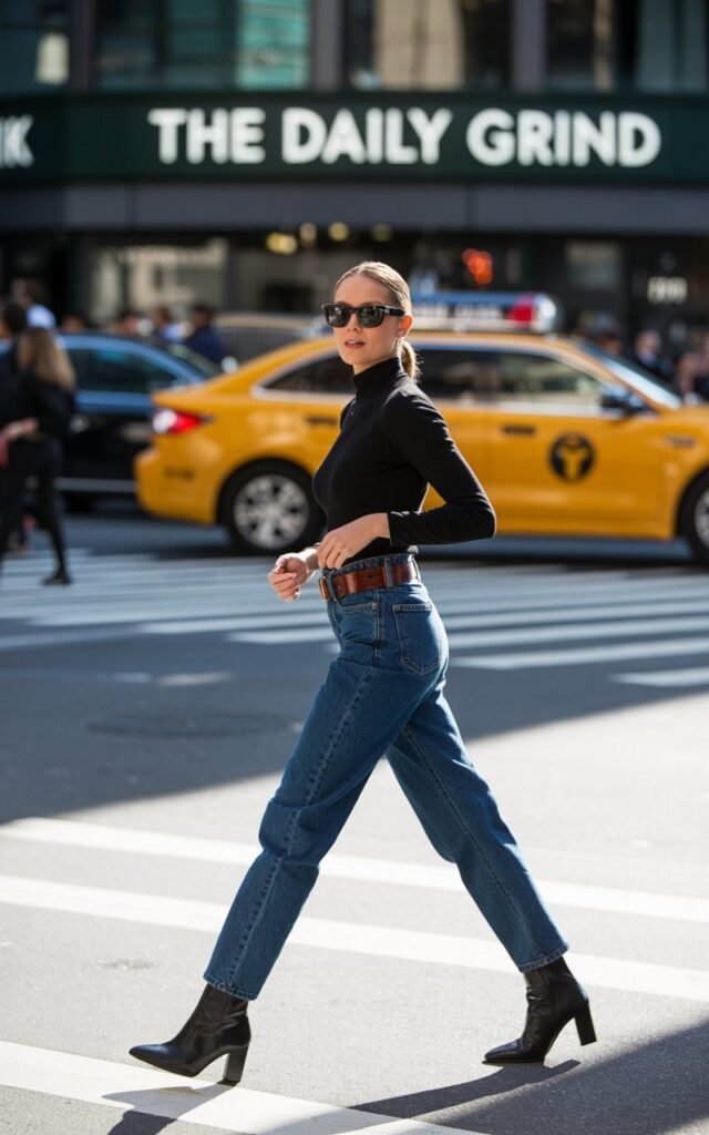 Urban full-body photo of a fit model striding down a busy crosswalk. She’s in a fitted black turtleneck tucked into high-waisted straight-leg blue jeans, cinched with a leather belt. Ankle boots elevate the look. Hair is slicked into a high ponytail, black sunglasses on. Bright daylight emphasizes sleek lines as she walks confidently with a slight smirk.