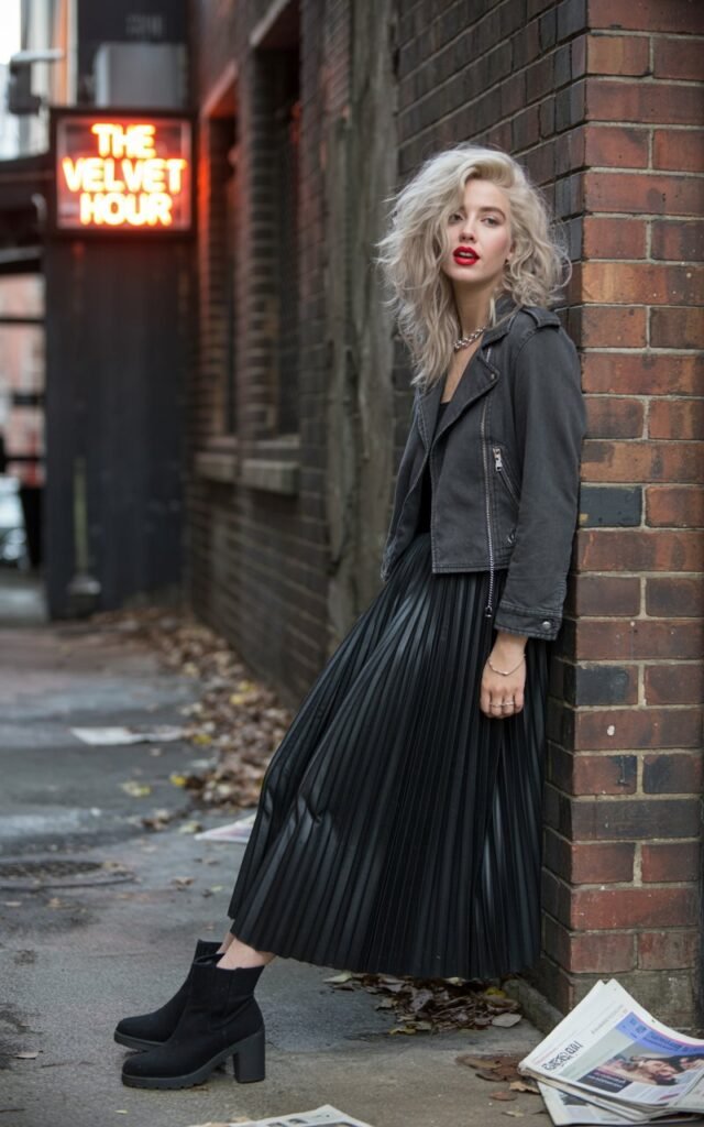 Urban grunge alley background. A model with icy blonde hair wears a pleated long black skirt, cropped moto jacket, ankle boots, and bold red lipstick. She’s leaning casually against a brick wall, arms crossed, with a cool smirk. The daylight is muted, emphasizing textures.