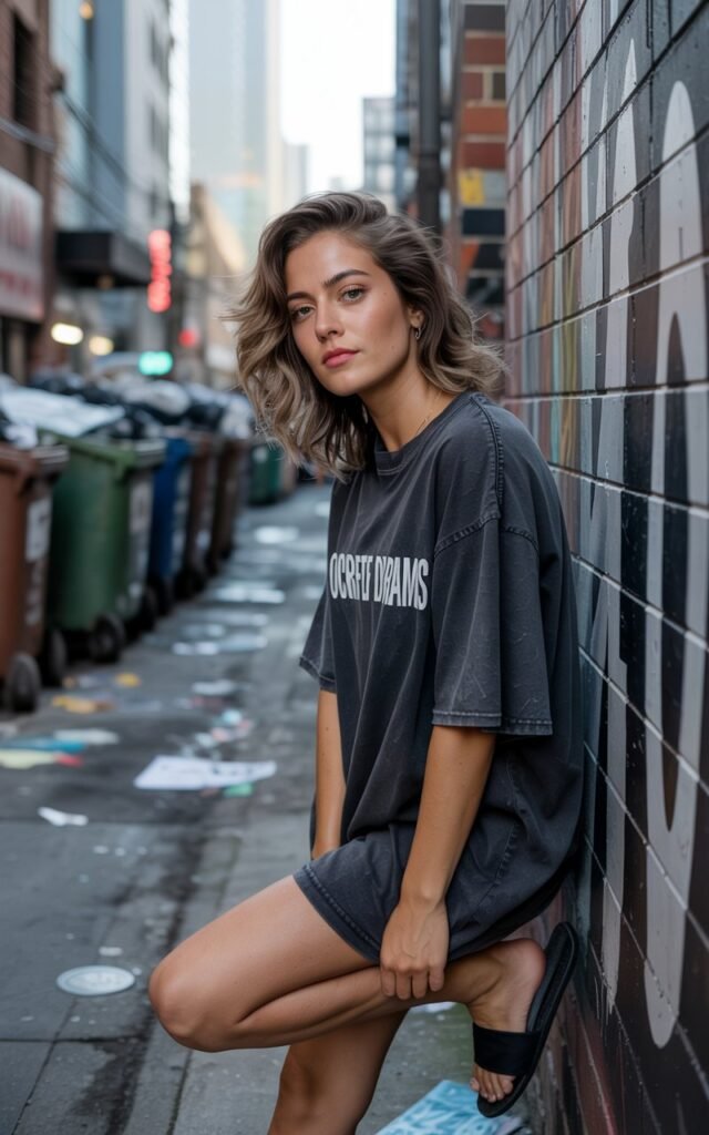 Urban grunge-style alleyway during daylight. Model wears an oversized graphic tee styled as a dress with black slides and messy hair. Makeup minimal with natural gloss. She leans against a wall with one knee bent, casual streetwear energy.