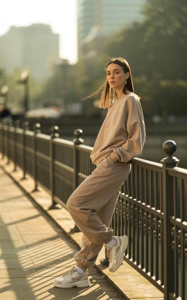 Urban park walkway, soft daylight. She wears a beige oversized matching sweat set with chunky sneakers. Hair is straight and shiny, parted in the middle. She’s leaning against a railing, looking relaxed with hands in pockets.