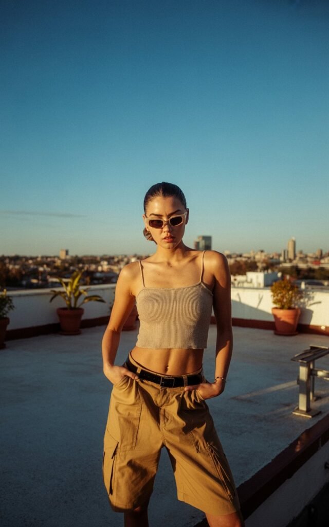 Urban rooftop at sunset. Model wears a neutral knit tube top with oversized khaki cargo shorts and chunky sunglasses, paired with sneakers. Hair slicked back in a bun. She stands confidently with hands in pockets, edgy but relaxed vibe.