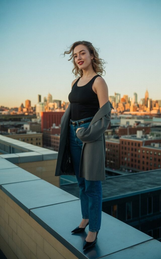 Urban rooftop full-body shot at sunset. Model wears a fitted black tank, blue jeans, and a longline gray blazer draped over. Black pumps add structure. Her hair is styled in loose curls. She poses standing on the rooftop ledge casually with a playful half-smile.