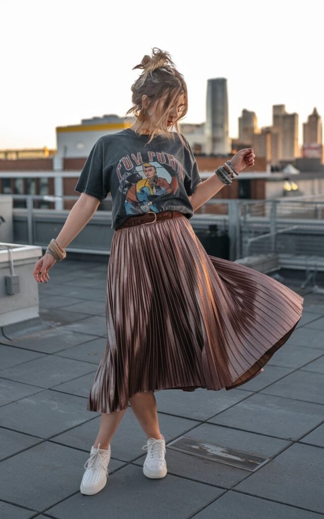Urban rooftop setting. Model wears a vintage graphic tee tucked into a metallic pleated midi skirt, white sneakers, and layered bracelets. Messy bun hairstyle. Natural sunset lighting. She twirls mid-motion, laughing candidly.