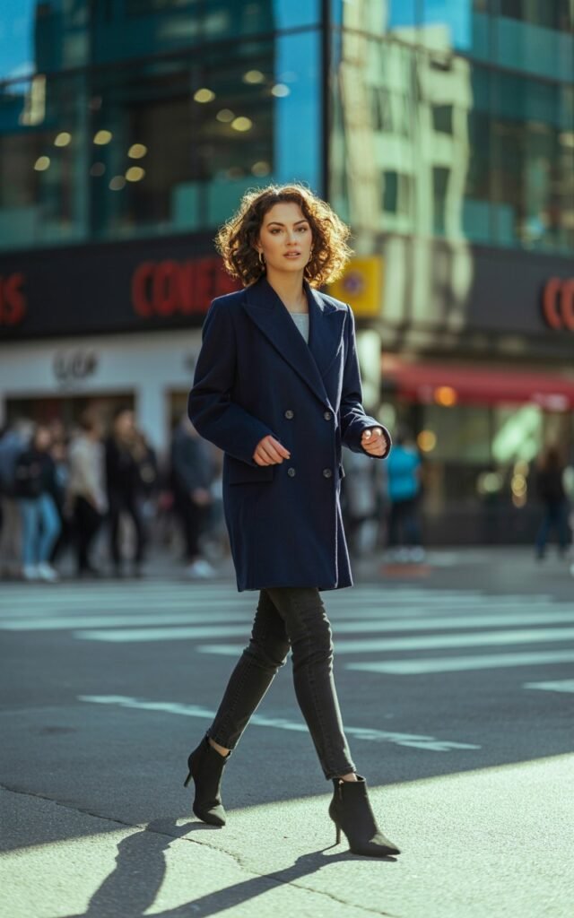 Urban street setting. Model in a navy double-breasted wool coat, black skinny jeans, and pointed ankle boots. Late afternoon light bouncing off glass buildings. Hair styled in soft curls. Pose walking mid-step, stylish and poised.