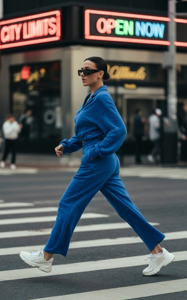 Vibrant cobalt blue tracksuit paired with white chunky sneakers. The model is photographed mid-stride on a bustling city crosswalk, neon signs in the background. Strong daylight emphasizes the bold color. She wears sleek hair in a low bun and oversized sunglasses. Confident stride, exuding power.