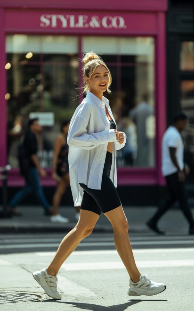 White oversized button-down shirt worn open over black biker shorts, styled with chunky sneakers. She’s mid-walk on a trendy shopping street. Strong natural daylight emphasizes her toned legs. Her hair is tied in a high messy bun, expression candid and playful.