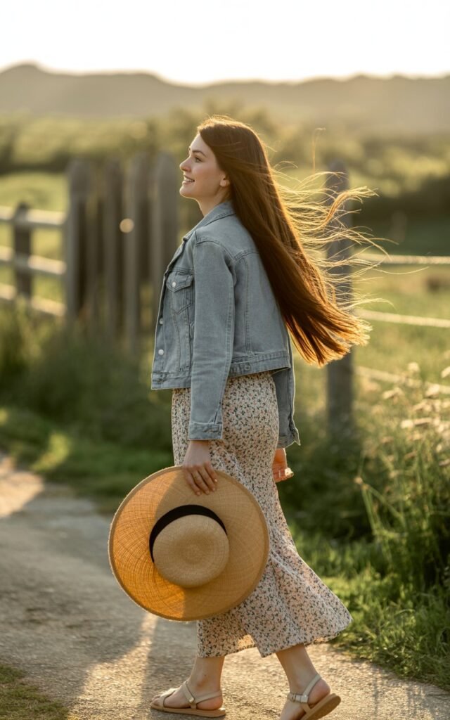 White-skinned brunette with flowing hair, wearing a floral maxi skirt and a fitted light-wash denim jacket, paired with sandals. Captured in a rustic countryside path during golden hour. She’s walking away slightly turned to camera, holding a sunhat, soft natural smile.