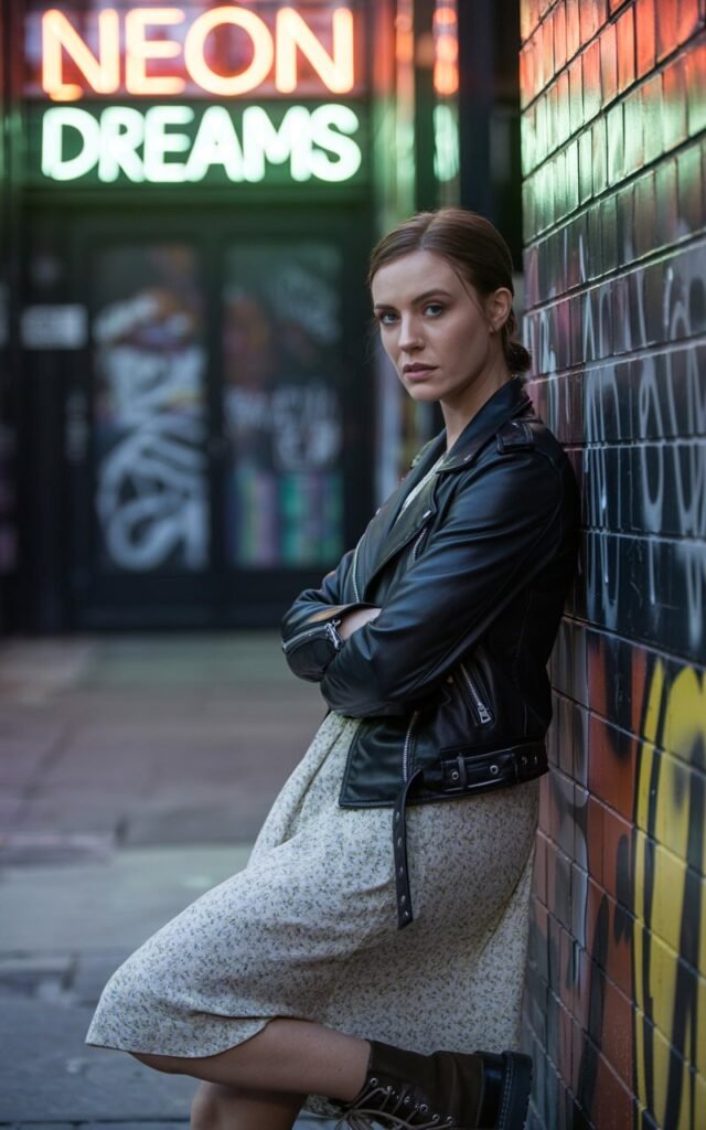 White-skinned brunette with sharp cheekbones, wearing a black leather moto jacket layered over a soft floral midi dress, paired with combat boots. Urban alleyway setting with neon signs glowing, nighttime shot with artificial lighting. She’s leaning against the wall, intense expression, arms loosely crossed.
